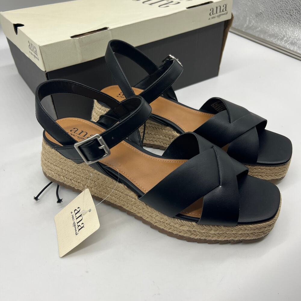 a.n.a Womens Eloise Wedge Sandals Black Casual Shoes Size 8.5M